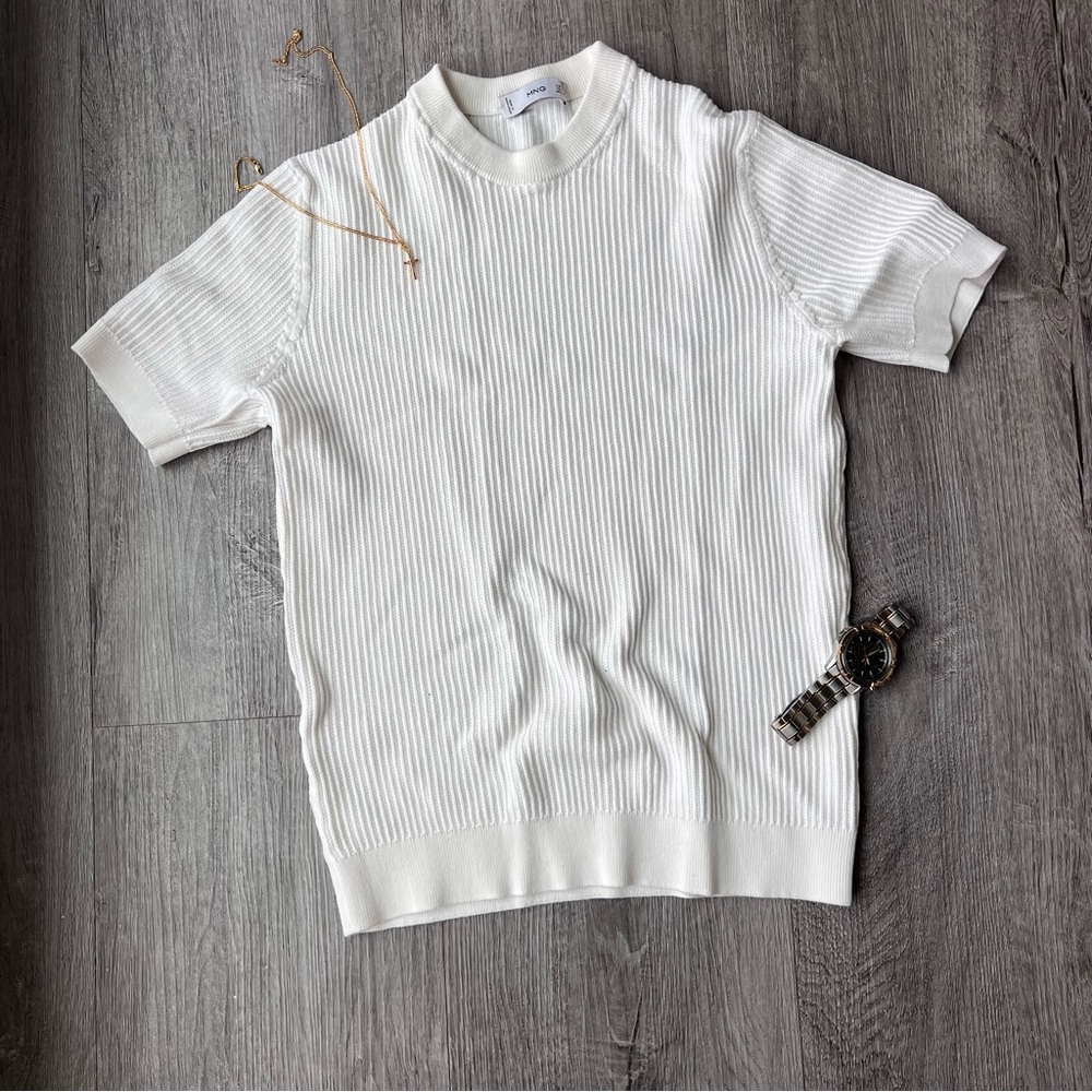 Men’s Mango Cotton Ribbed Structure White Sweater Size Small